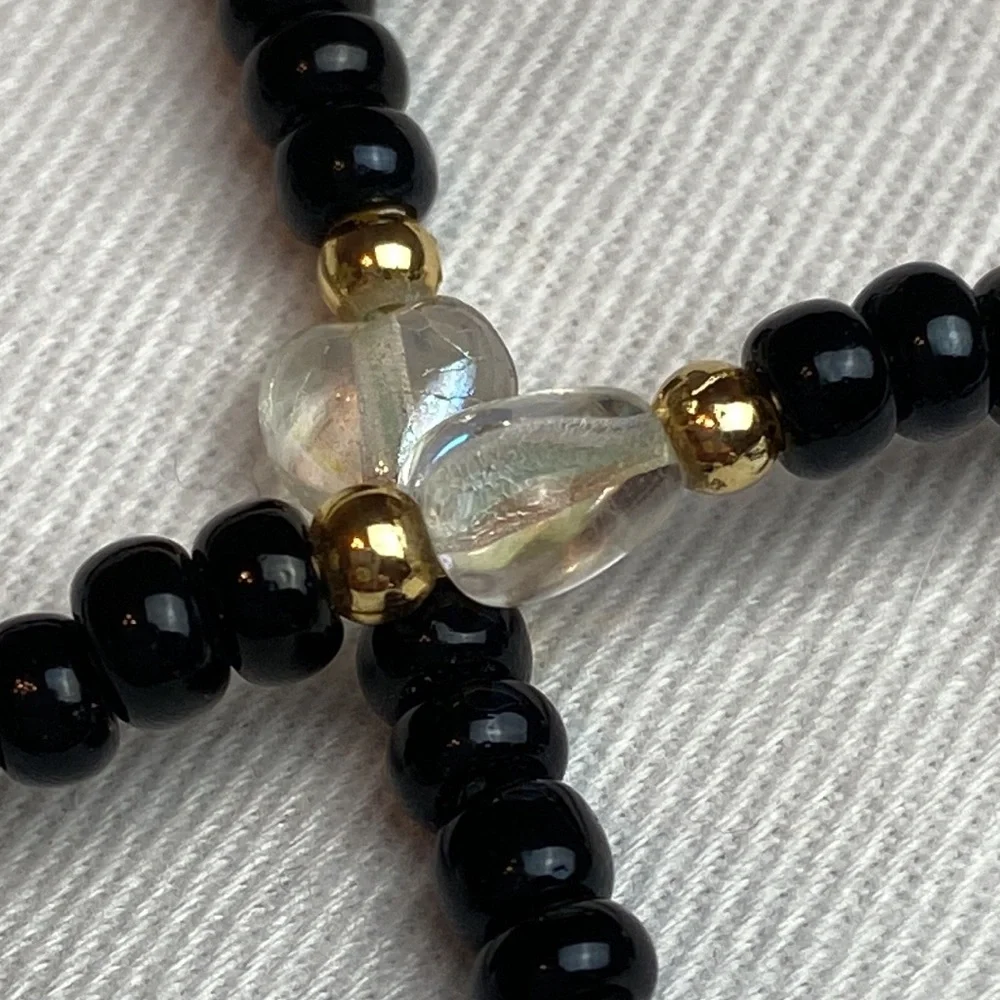 Vintage 90s Onyx and Iridescent Crystal Heart Anklet with Golden Bead Separators